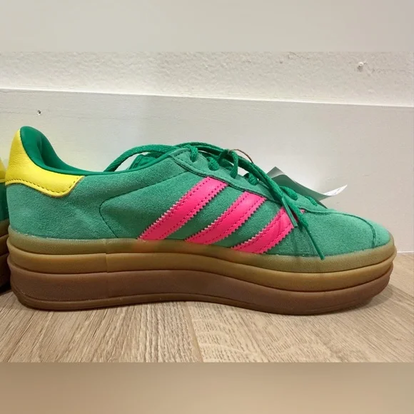New!adidas gazellGreen Suede Sneakers with Pink Three-Stripes and Yellow Heel - Picture 6 of 9